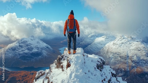 Adventurer standing on snowy mountain peak overlooking valley and clouds in w...