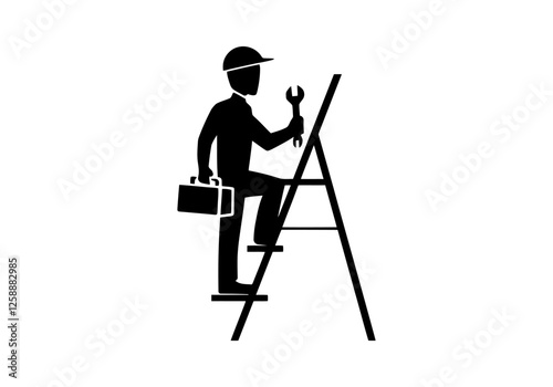 Handyman on a ladder, ready for repair work.