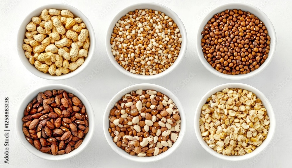 Assortment Of Grains And Legumes In White Bowls Assortment Of Grains And Legumes In White Bowls