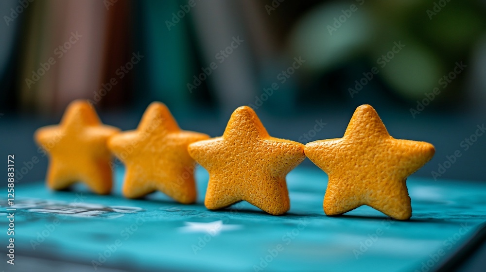Four stars on teal surface, blurred books background; rating concept