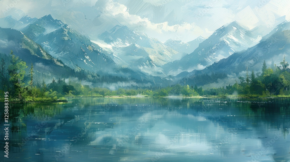 Serene mountain lake reflecting sky, clouds, and snow-capped peaks. Serene mountain lake reflecting sky, clouds, and snow-capped peaks.