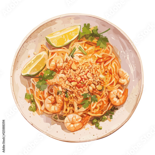 Pad Thai illustration watercolor noodles vector