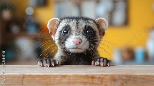 Cute ferret looking curiously over a wooden surface in a cozy home interior s...
