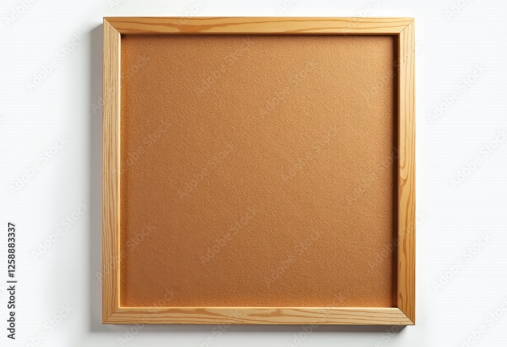 Fototapeta premium Isolated on a pristine white background, textured cork bulletin board framed in light wood. A cork board with a wooden frame on a white wall.