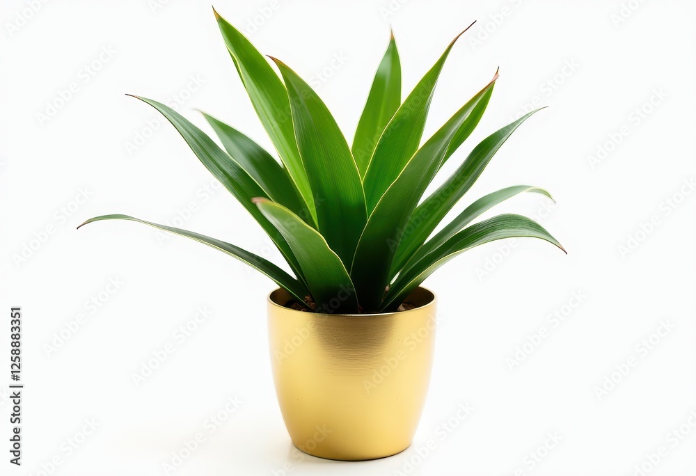 Vibrant Green Agave Against Stunning White Background: Gold Pot Accent. A green plant in a gold pot on a white background. Vibrant Green Agave Against Stunning White Background: Gold Pot Accent. A green plant in a gold pot on a white background.