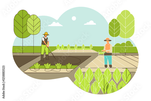 Illustration of three farmers tending to crops in an agricultural field with green trees