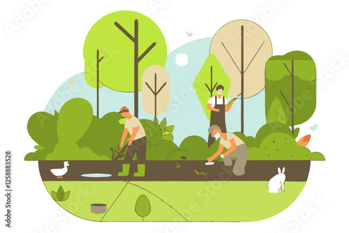 Illustration of two farmers working on a small piece of land surrounded by green nature