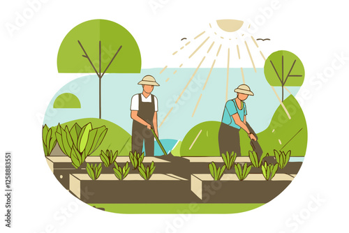 Illustration of a farmer standing in a sunlit field surrounded by plants and trees