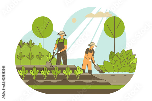 Illustration of two farmers tending to crops in a green agricultural field