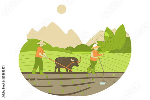 Illustration of two farmers using traditional tools to plow the field for new crops