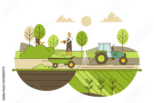 Illustration of a farmer driving a tractor in a green field while others load crops