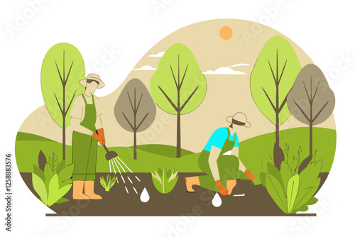 Illustration of a group of people planting trees in a forest restoration project