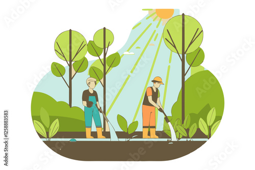 Illustration of two workers planting small trees under bright sunlight