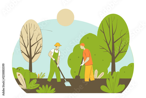 Illustration of two workers discussing a tree planting plan in a green park