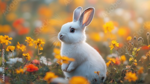 White bunny surrounded by colorful flowers in a sunny garden during springtime