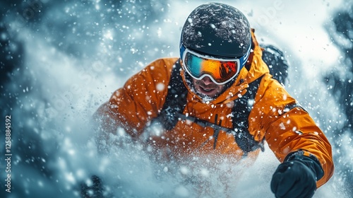 Snowboarder navigating through fresh powder on a mountain slope in winter