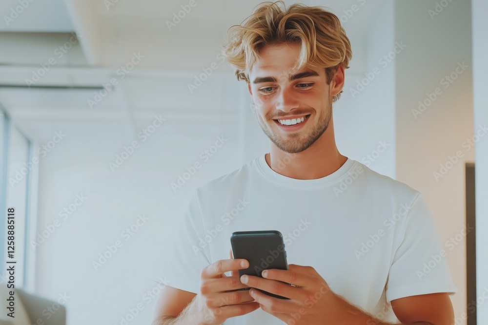 Joyful Young Man Engaging with Smartphone in Modern Office Space Bright and Inviting Environment Lifestyle Concept Joyful Young Man Engaging with Smartphone in Modern Office Space Bright and Inviting Environment Lifestyle Concept