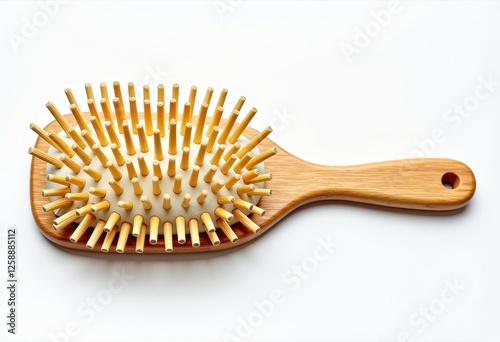 Isolated White Background Paddle Brush with Yellow and White Bristles. A wooden paddle brush with wooden bristles on a white background. photo