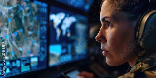 Female military personnel using a tablet in a control room, providing technical support for operations, cybersecurity, and managing an online database for research and communication