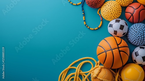 Colorful collection of various sports balls and equipment on blue background ...