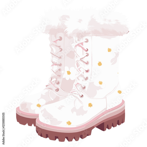 Floral white fur boots illustration footwear pink vector