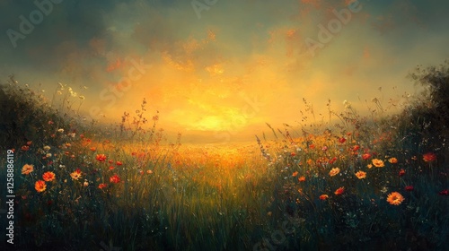 Golden Hour Meadow: A painterly field of wildflowers bathed in the warm glow of sunset, evoking a sense of peace and tranquility in the countryside.
