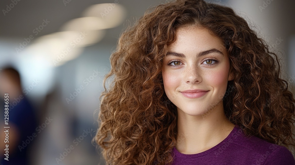 Obraz premium Candid portrait of a smiling young woman indoor setting lifestyle photography bright environment warm atmosphere