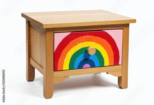 Isolated on a pristine white background, the wooden nightstand boasts a mesmerizing rainbow painted design with colorful drawer accents. A wooden toy chest with a rainbow painted on it. photo