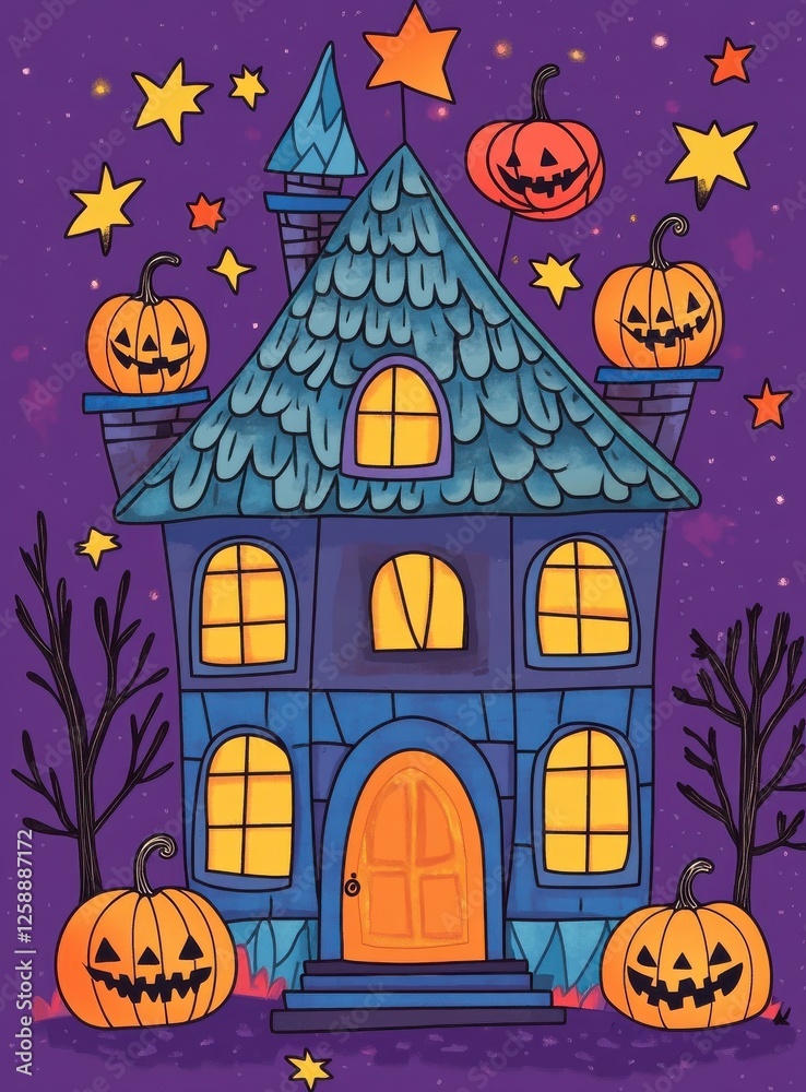 Fototapeta premium Cartoon Halloween Castle With Pumpkins At Night
