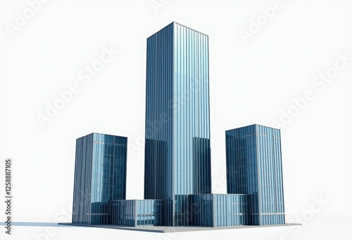 3D Modern Skyscraper Against White Background: Sleek Glass Design & Reflective Reflections. A 3D rendering of a modern skyscraper with a white background. photo