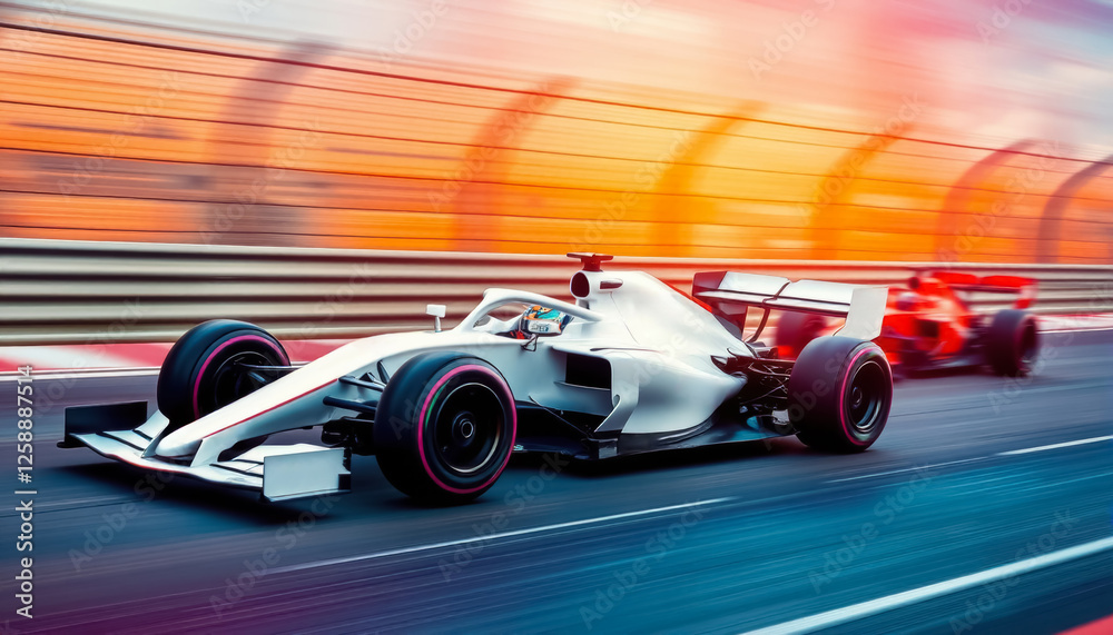 Formula 1 Grand Prix racing cars on track with blurred neon background, two cars in racing battle Formula 1 Grand Prix racing cars on track with blurred neon background, two cars in racing battle
