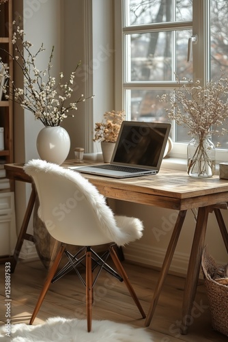Cozy workspace with wooden desk and laptop in sunlit room with plants and decor