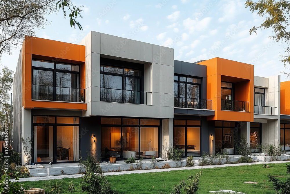 Modern modular private townhouses. Residential architecture exterior. Modern modular private townhouses. Residential architecture exterior.