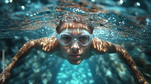 Swimmer gliding through clear water under bright sunlight in a pool