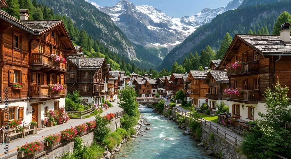 Idyllic Alpine Village Scene with Flowing River and Snowy Mountains Idyllic Alpine Village Scene with Flowing River and Snowy Mountains