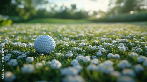 Golf ball resting on a bed of white flowers in a serene green landscape durin...