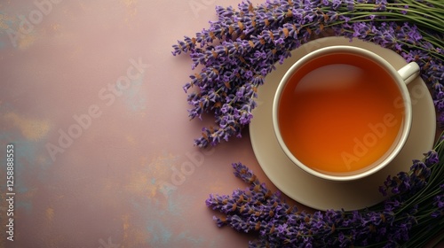 Relaxing cup of herbal tea with fresh lavender on a pastel background