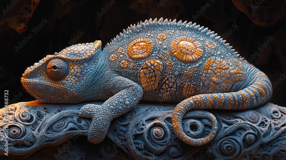 Fototapeta premium A chameleon blending into its surroundings with intricate patterns and textures.