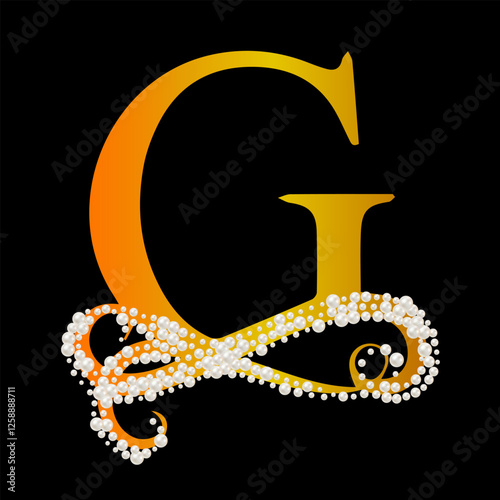 Capital Letters gold G of English alphabet romantic with pearls. Precious decorated white pearls with bright stars