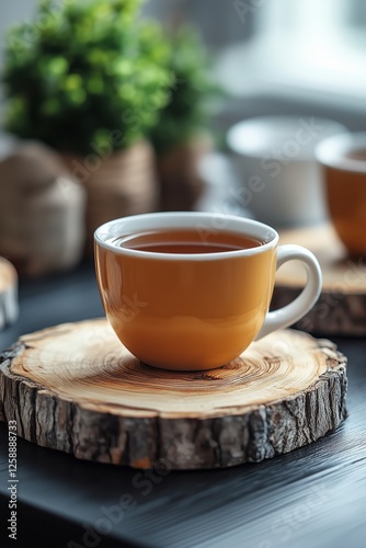 Warm cup of tea on a rustic wooden coaster in a cozy indoor setting