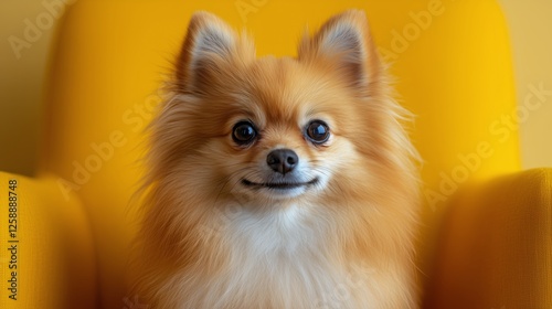 Small pomeranian dog relaxing on a bright yellow chair in a cozy indoor setting