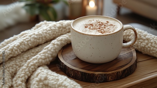 Warm cozy drink served on wooden board near soft knitted blanket in modern living space