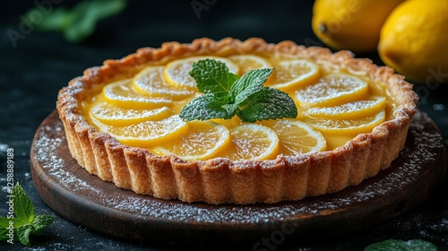 Fresh lemon tart with mint leaves and lemons on dark background