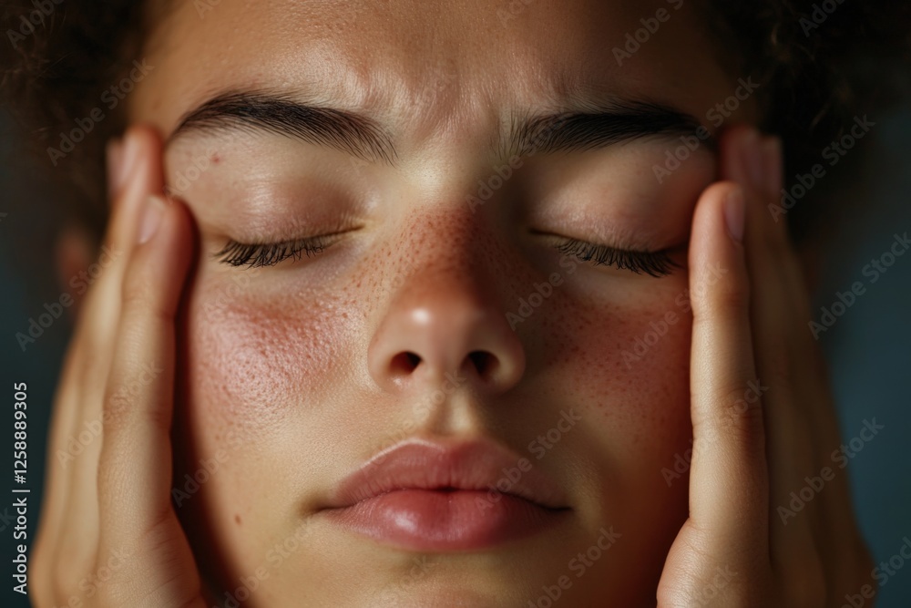 woman with hands on temples, eyes closed woman with hands on temples, eyes closed