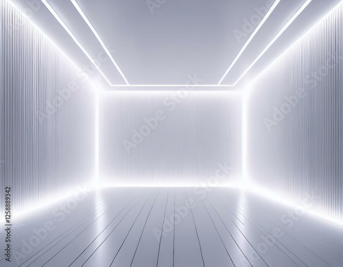 Minimalistic abstract white background stage. Neon light from lamps on walls of circular room. 3d illustration.