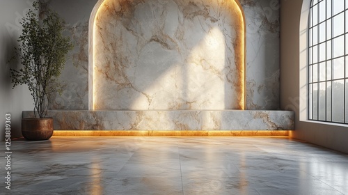 Elegant marble interior with natural light highlighting curved design element...