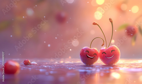 Two cheerful cherries in a dreamy sunset setting.  Possible use  greeting card, social media post, children's book illustration photo