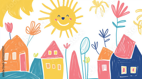 Colorful Crayon Drawing of Sun, Houses, Flowers Childlike Art Style with Simple Shapes and Bold Lines in a Cheerful and Playful Outdoor Scene
