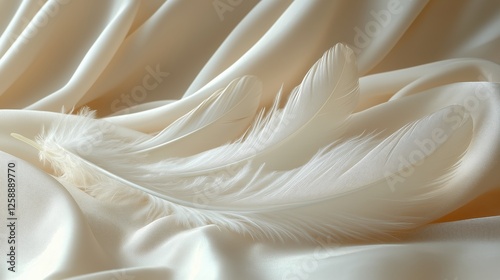 Soft white feathers resting on smooth cream fabric create a serene and elegan...