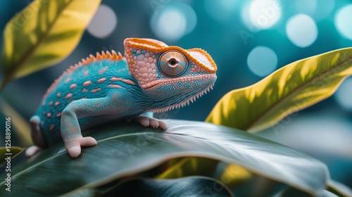 Colorful chameleon perched on green leaf in a vibrant tropical setting